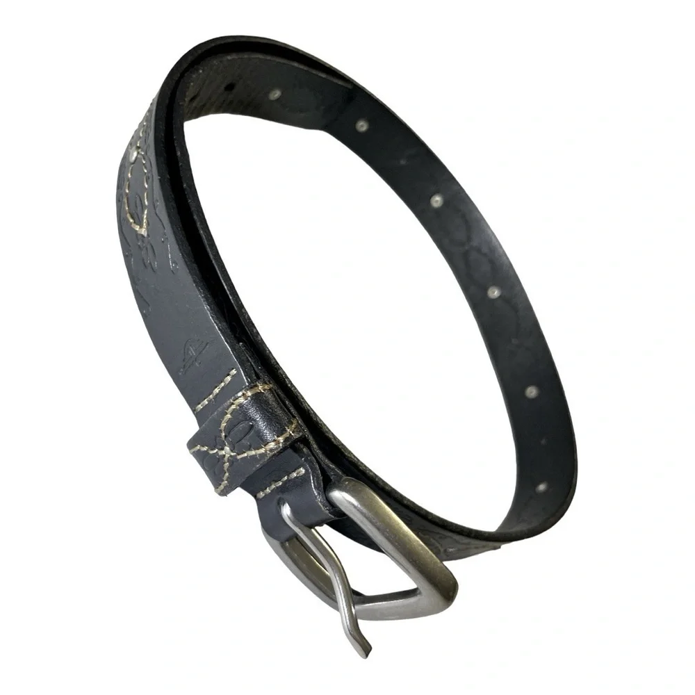 Dockers Tooled Floral Studded Black Leather Belt with adjustable buckle
